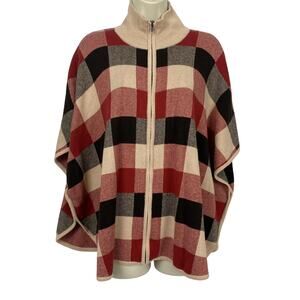 Jones New York Poncho Sweater Womens Small Medium Buffalo Plaid Zip Up Cabincore